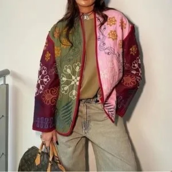 Zara Embroidered Boho Chic Jacket Coat Quilted Multicolor XS Oversized Floral - Picture 2 of 9